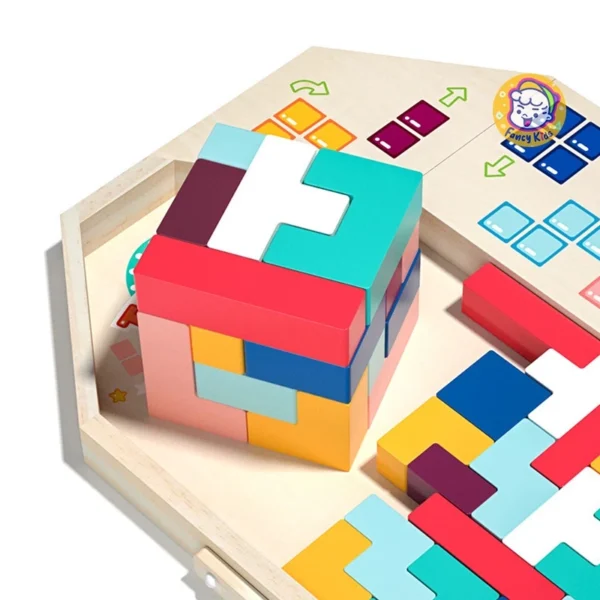 Large Sized 3D Wooden Tetris Building Block Wooden Tangram Jigsaw Puzzle Brain Teaser Logical Puzzle Montessori Toy