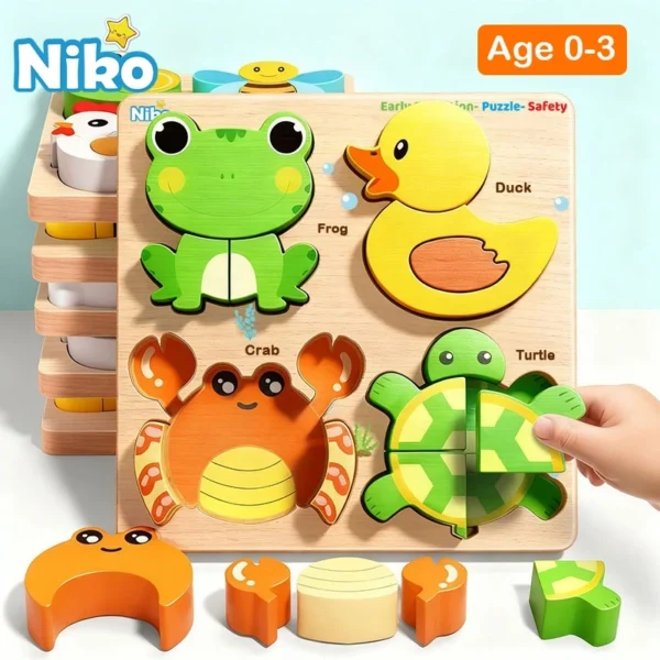 NIKO 4 in 1 Animal Wooden Jigsaw Puzzle Toys Early Educational Learning Toys For Montessori Toys Kids Boys Girls Birthday Gifts Mainan teka teki papan kayu
