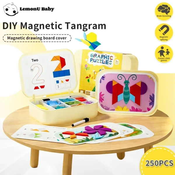 Lemonu Baby Magnetic Tangram Puzzle Wooden Geometry Blocks Educational Mainan Magnetik Kanak kanak